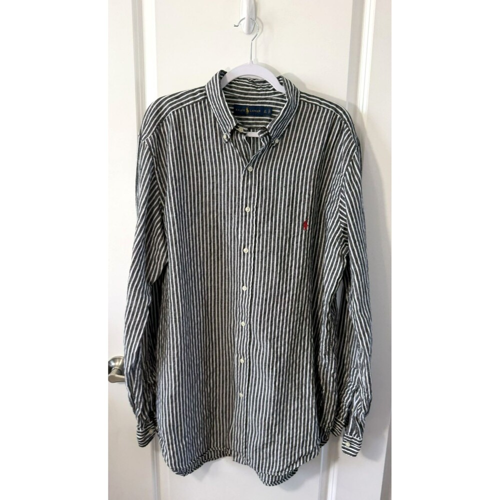 Ralph Lauren 100% Linen Button Up Black White Stripe Men's L Tall red pony logo